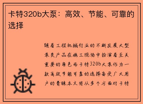卡特320b大泵：高效、节能、可靠的选择